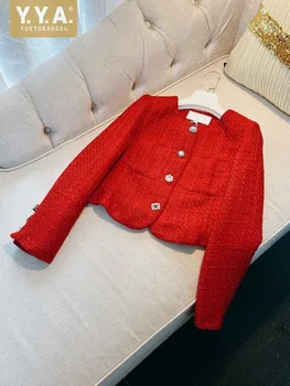 Винтажный женский однобортный твидовый пиджак с круглым вырезом во французском стиле, брендовая дизайнерская осенняя Офисная Женская красная куртка, элегантная куртка для вечеринок