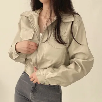 Корейская модная куртка с отложным воротником Mujer, пальто на молнии с длинным рукавом, Женская кожаная одежда Y2k в стиле Гранж, куртки для мото и байкеров