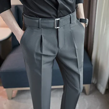 Мужские Весенне-осенние брюки с поясом, повседневные брюки длиной до щиколоток, уличная одежда 2022, новые модные брюки для костюма в деловом стиле Slim Fit.